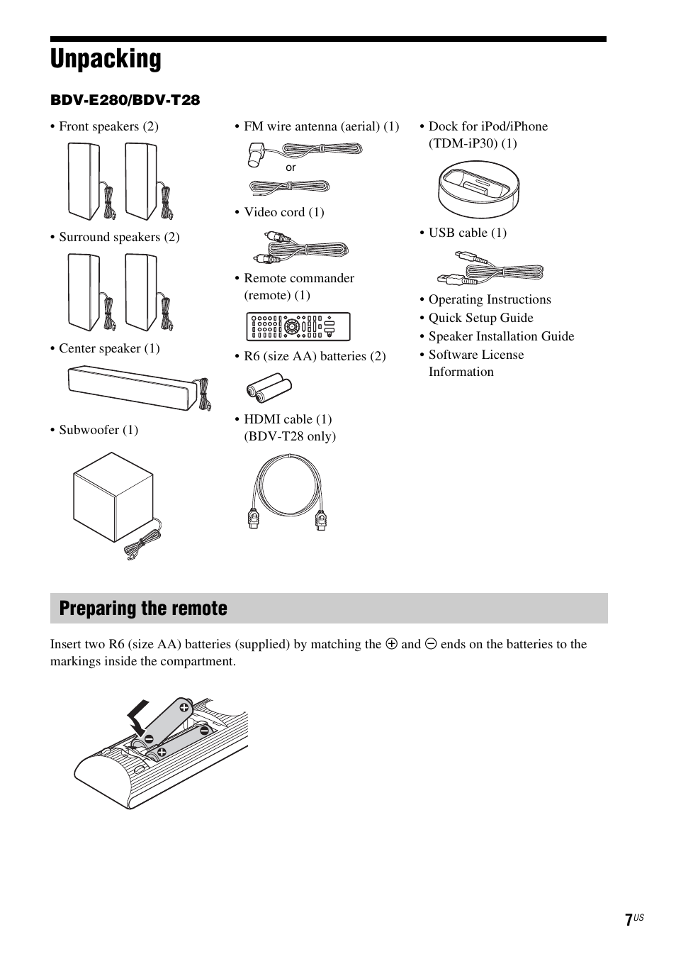 Unpacking, Preparing the remote | Sony BDV-E280 User Manual | Page 7 / 68