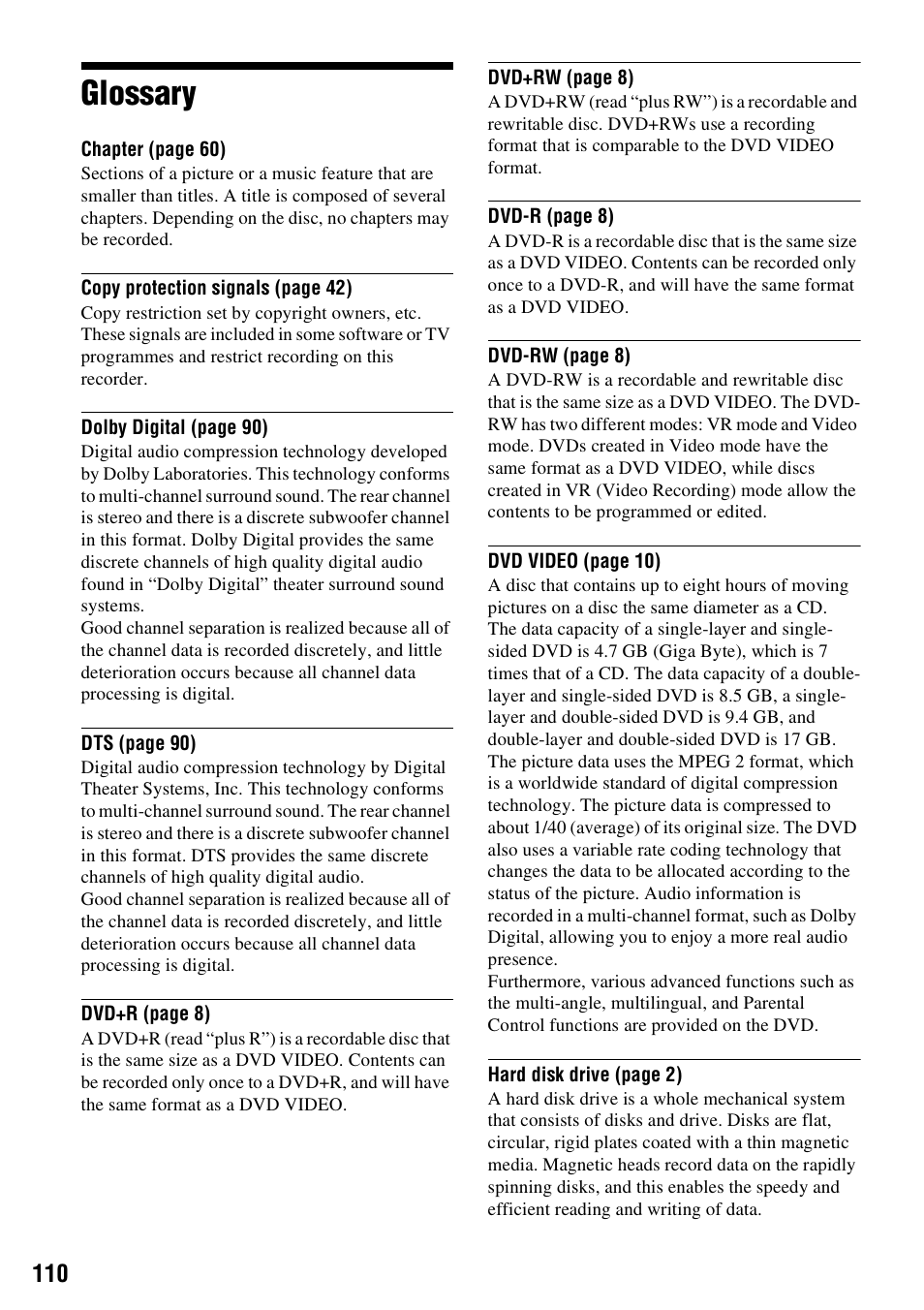 Glossary | Sony RDR-HX710/HX910 User Manual | Page 110 / 116
