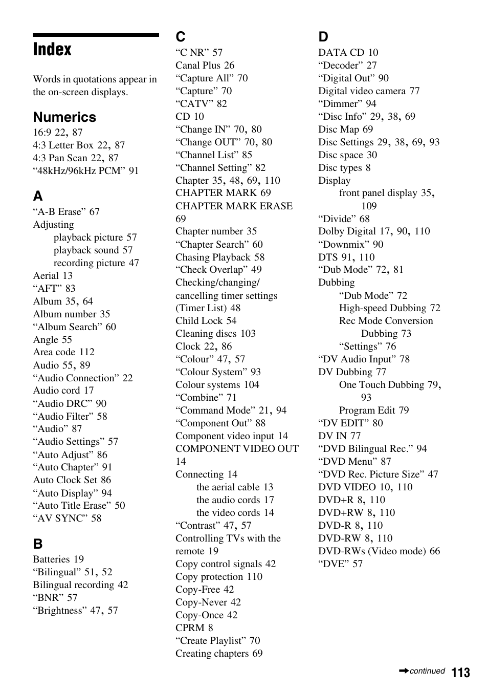 Index, Numerics | Sony RDR-HX710/HX910 User Manual | Page 113 / 116
