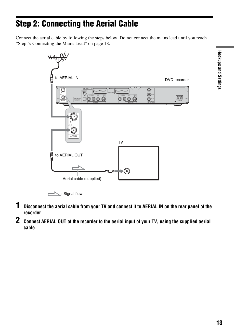Step 2: connecting the aerial cable, Hook up s and se tti n gs | Sony RDR-HX710/HX910 User Manual | Page 13 / 116