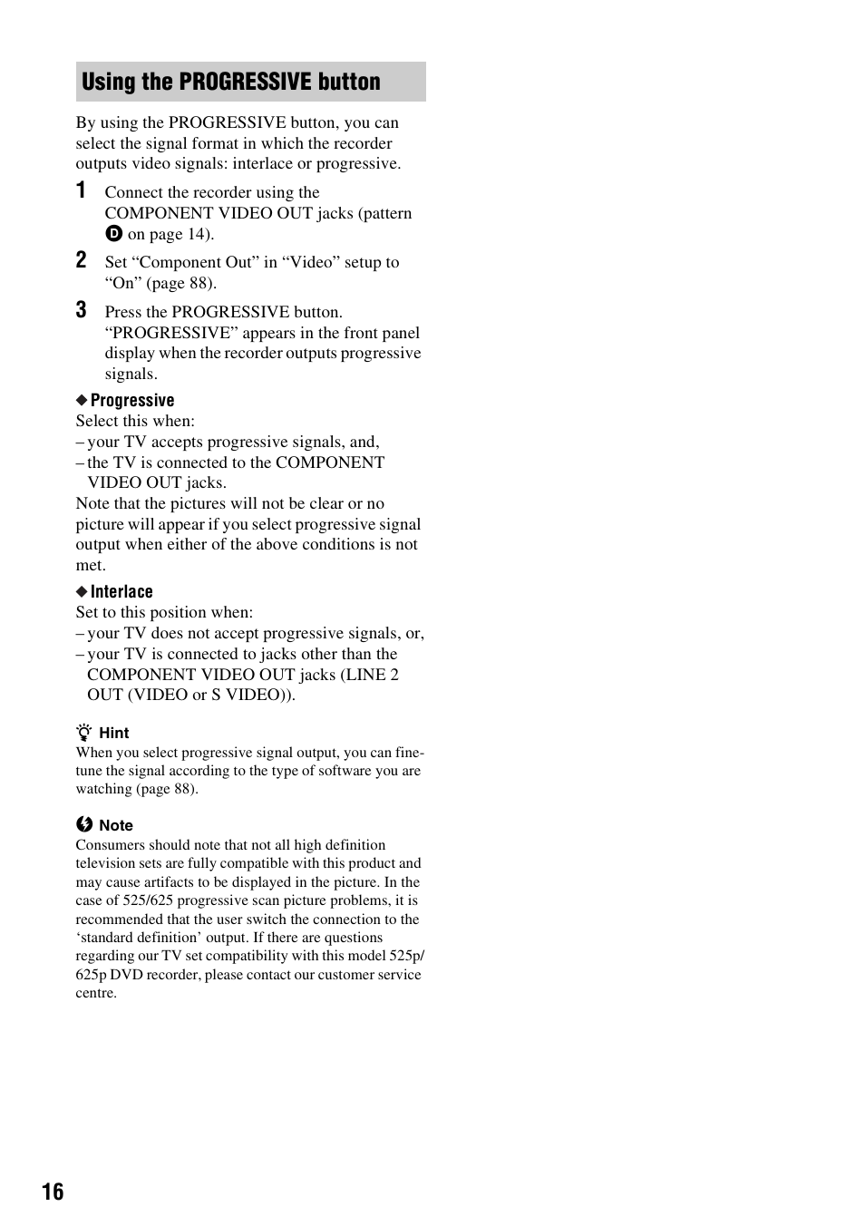 Using the progressive button | Sony RDR-HX710/HX910 User Manual | Page 16 / 116