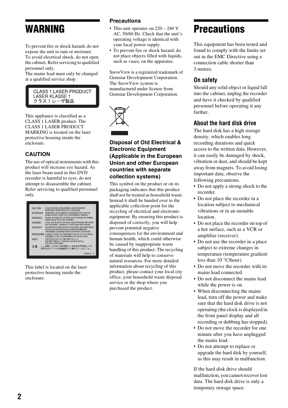 Warning, Precautions, On safety | About the hard disk drive | Sony RDR-HX710/HX910 User Manual | Page 2 / 116