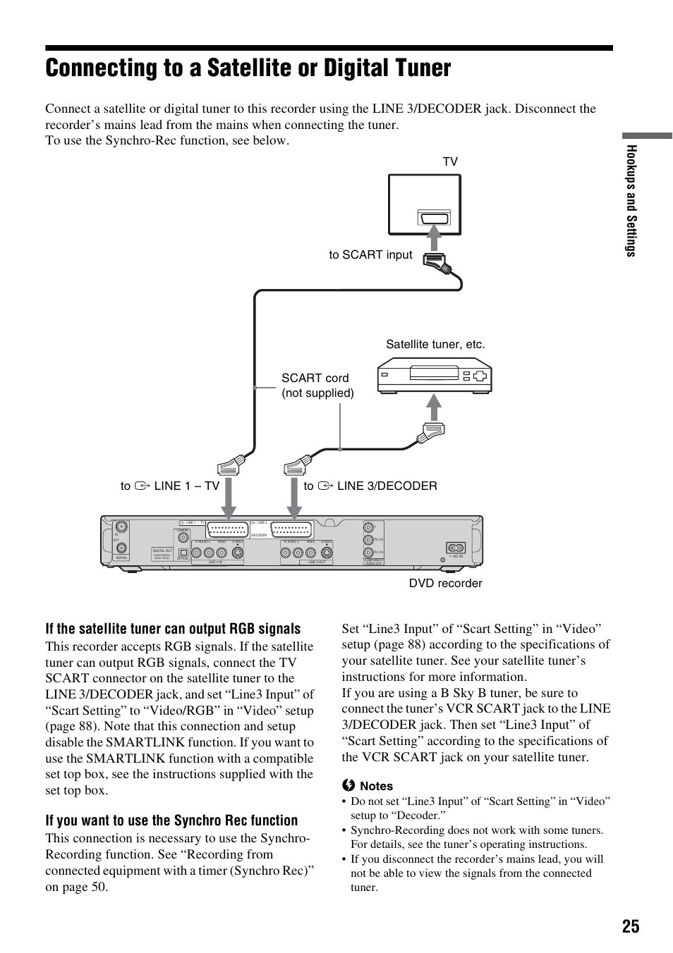 Connecting to a satellite or digital tuner, If the satellite tuner can output rgb signals, If you want to use the synchro rec function | Hook up s and se tti n gs | Sony RDR-HX710/HX910 User Manual | Page 25 / 116