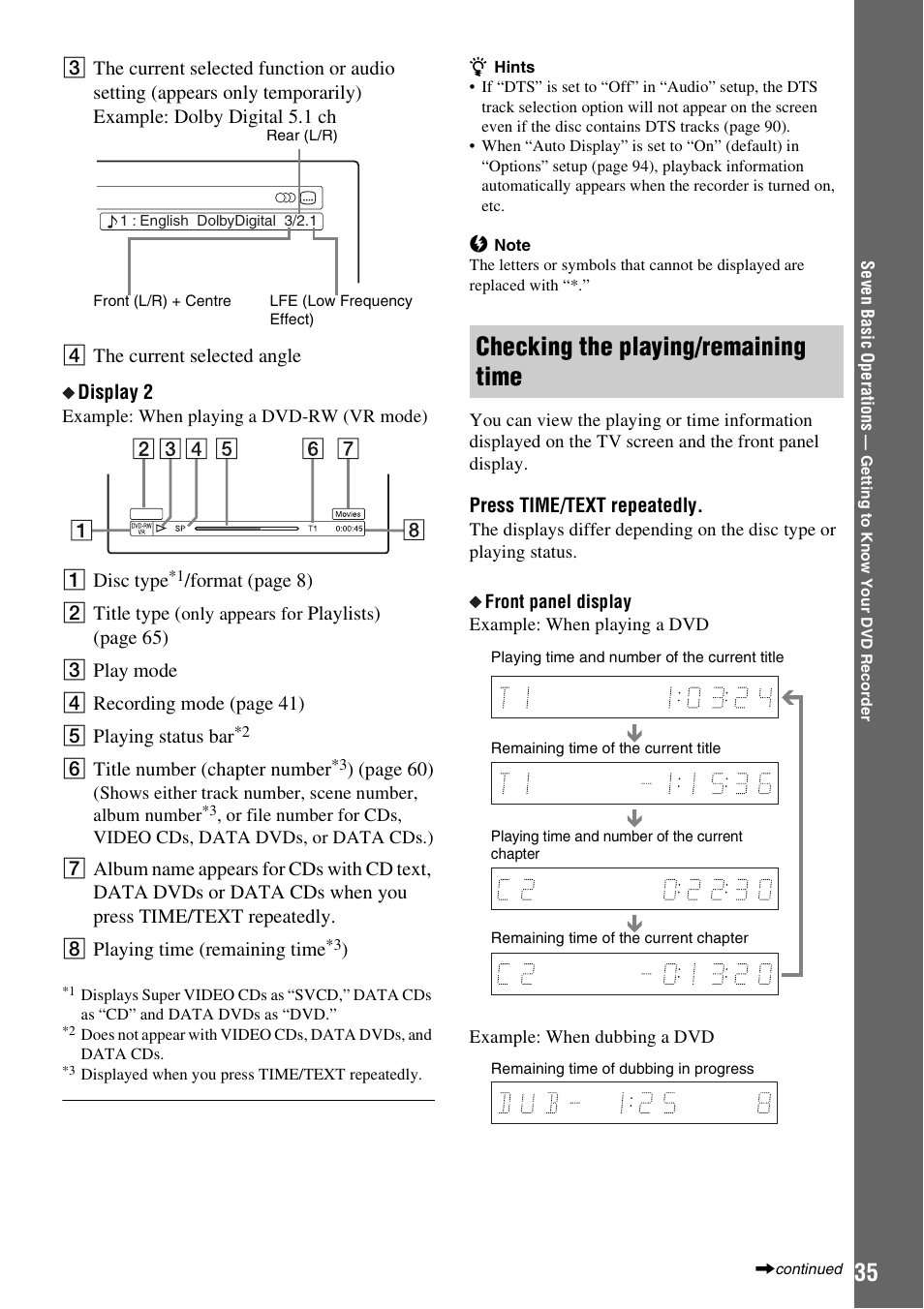 Checking the playing/remaining time | Sony RDR-HX710/HX910 User Manual | Page 35 / 116