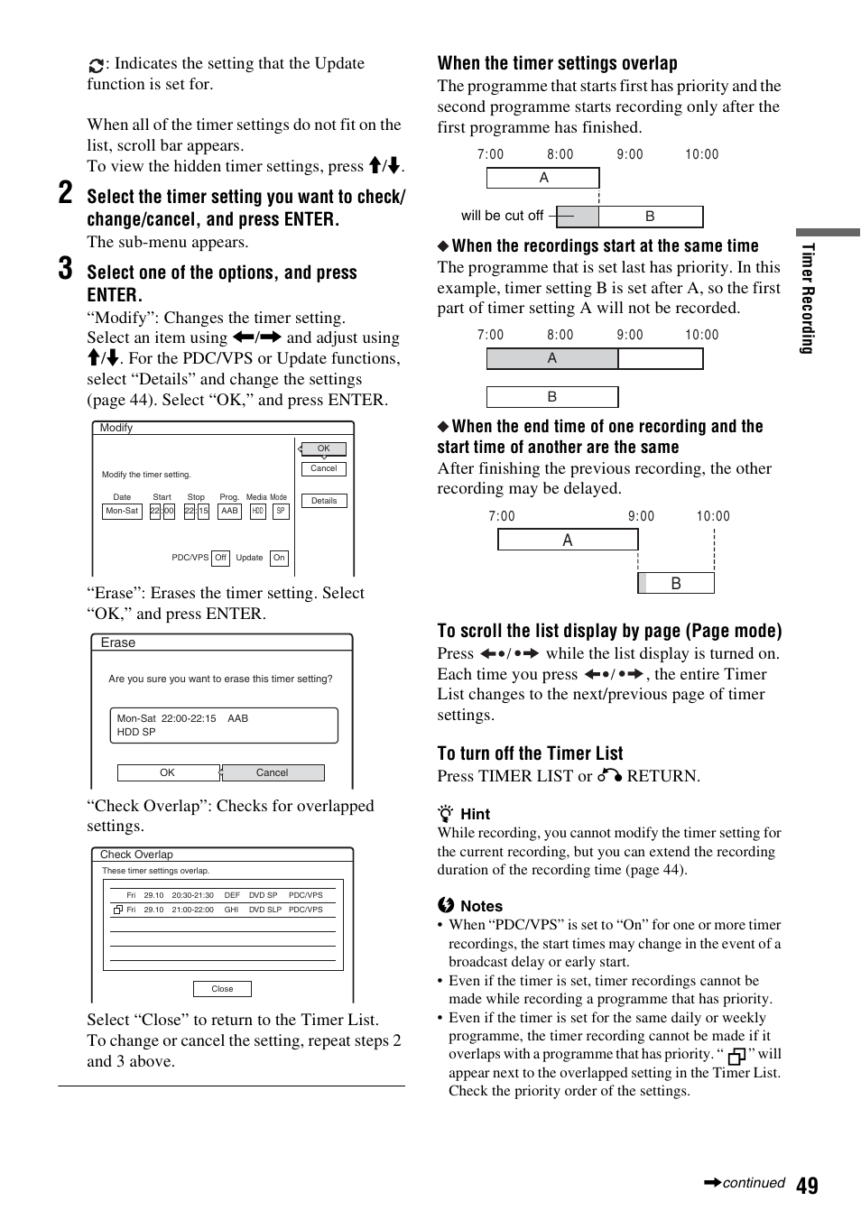 Select one of the options, and press enter, When the timer settings overlap, The sub-menu appears | Press, Press timer list or, Return | Sony RDR-HX710/HX910 User Manual | Page 49 / 116