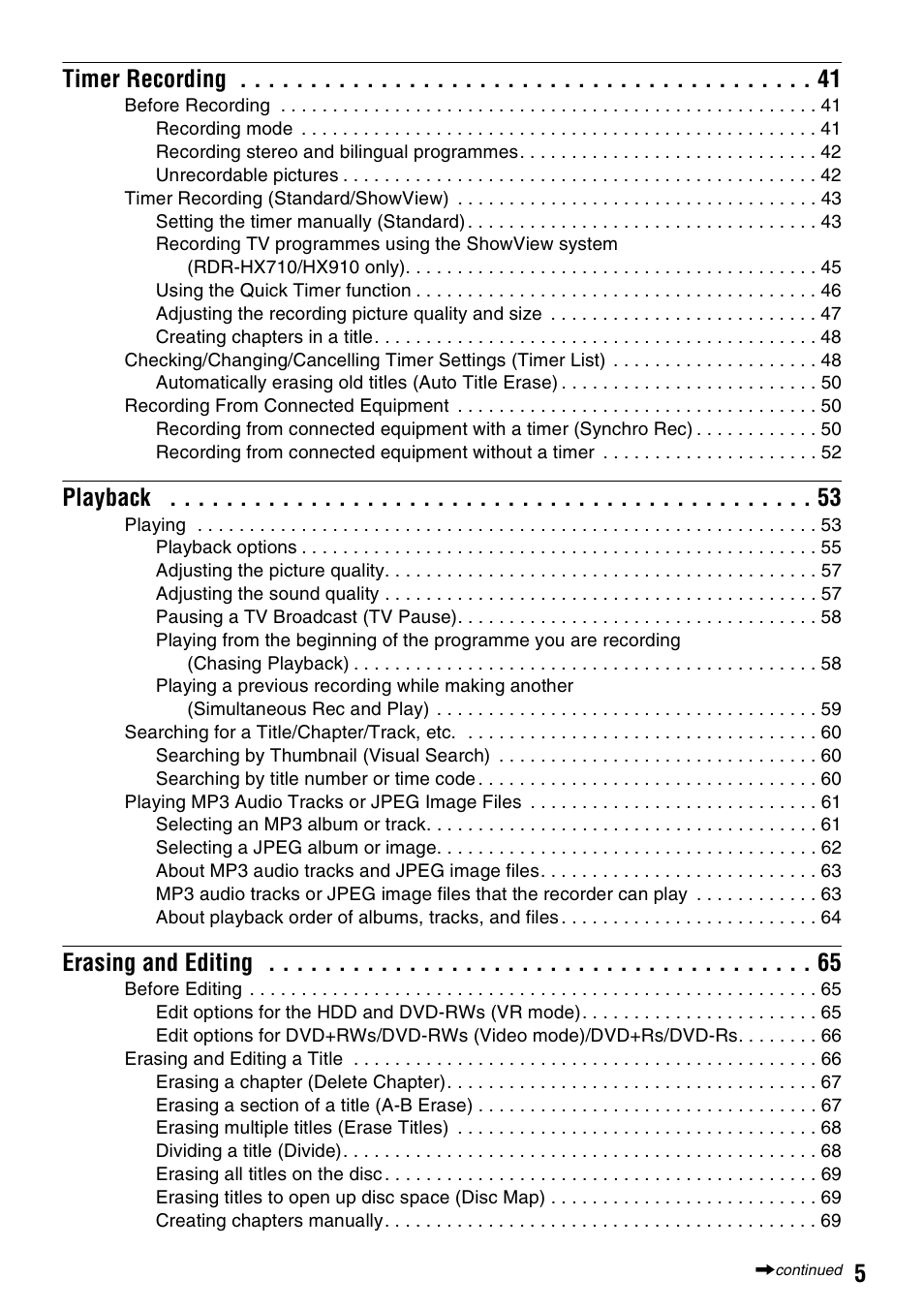 5timer recording, Playback, Erasing and editing | Sony RDR-HX710/HX910 User Manual | Page 5 / 116