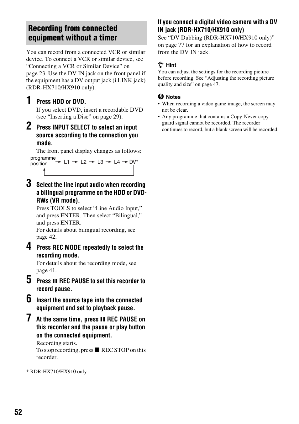 Recording from connected equipment without a timer | Sony RDR-HX710/HX910 User Manual | Page 52 / 116