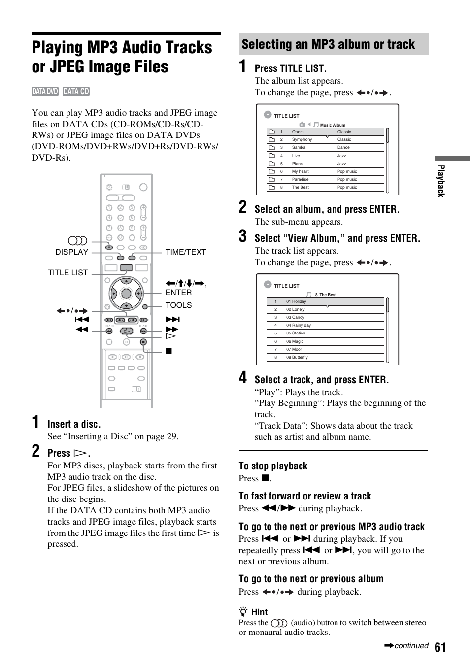 Playing mp3 audio tracks or jpeg image files, Selecting an mp3 album or track, Insert a disc | Press h, Press title list, Select an album, and press enter, Select “view album,” and press enter, Select a track, and press enter, See “inserting a disc” on page 29, The album list appears. to change the page, press | Sony RDR-HX710/HX910 User Manual | Page 61 / 116