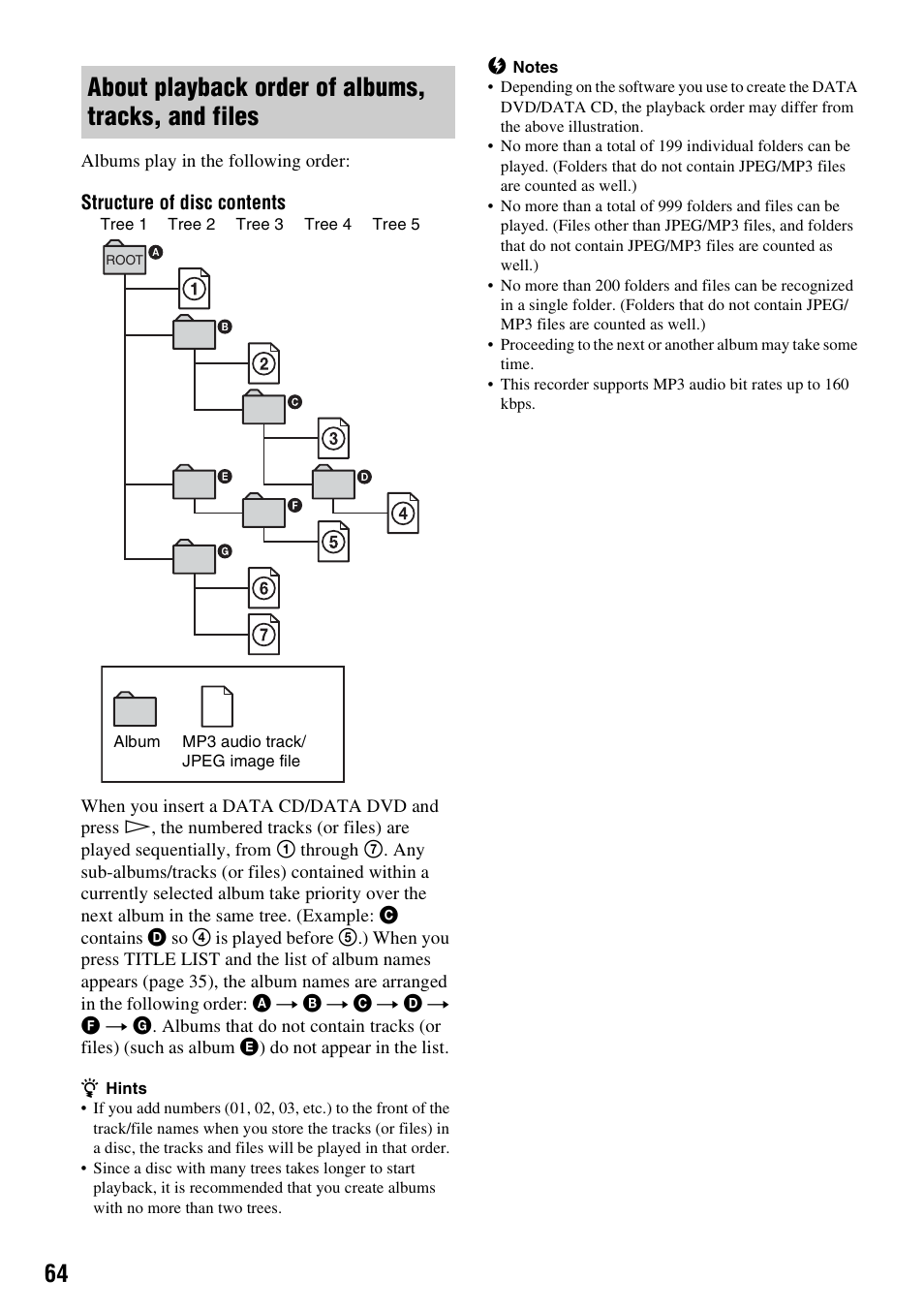 About playback order of albums, tracks, and files | Sony RDR-HX710/HX910 User Manual | Page 64 / 116