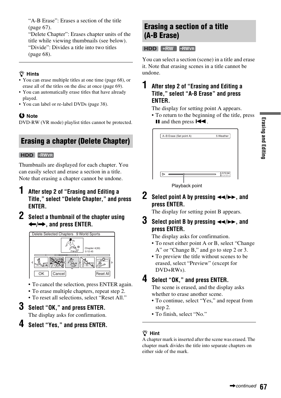 Erasing a chapter (delete chapter), Erasing a section of a title (a-b erase) | Sony RDR-HX710/HX910 User Manual | Page 67 / 116