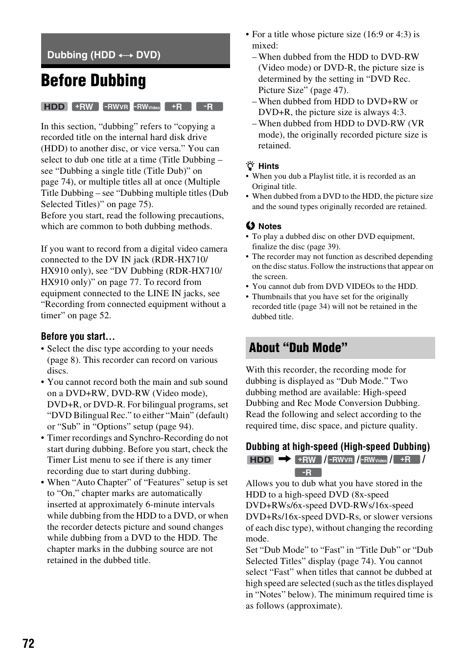 Dubbing (hdd y dvd), Before dubbing, About “dub mode | Dubbing (hdd y, Dubbing (hdd | Sony RDR-HX710/HX910 User Manual | Page 72 / 116