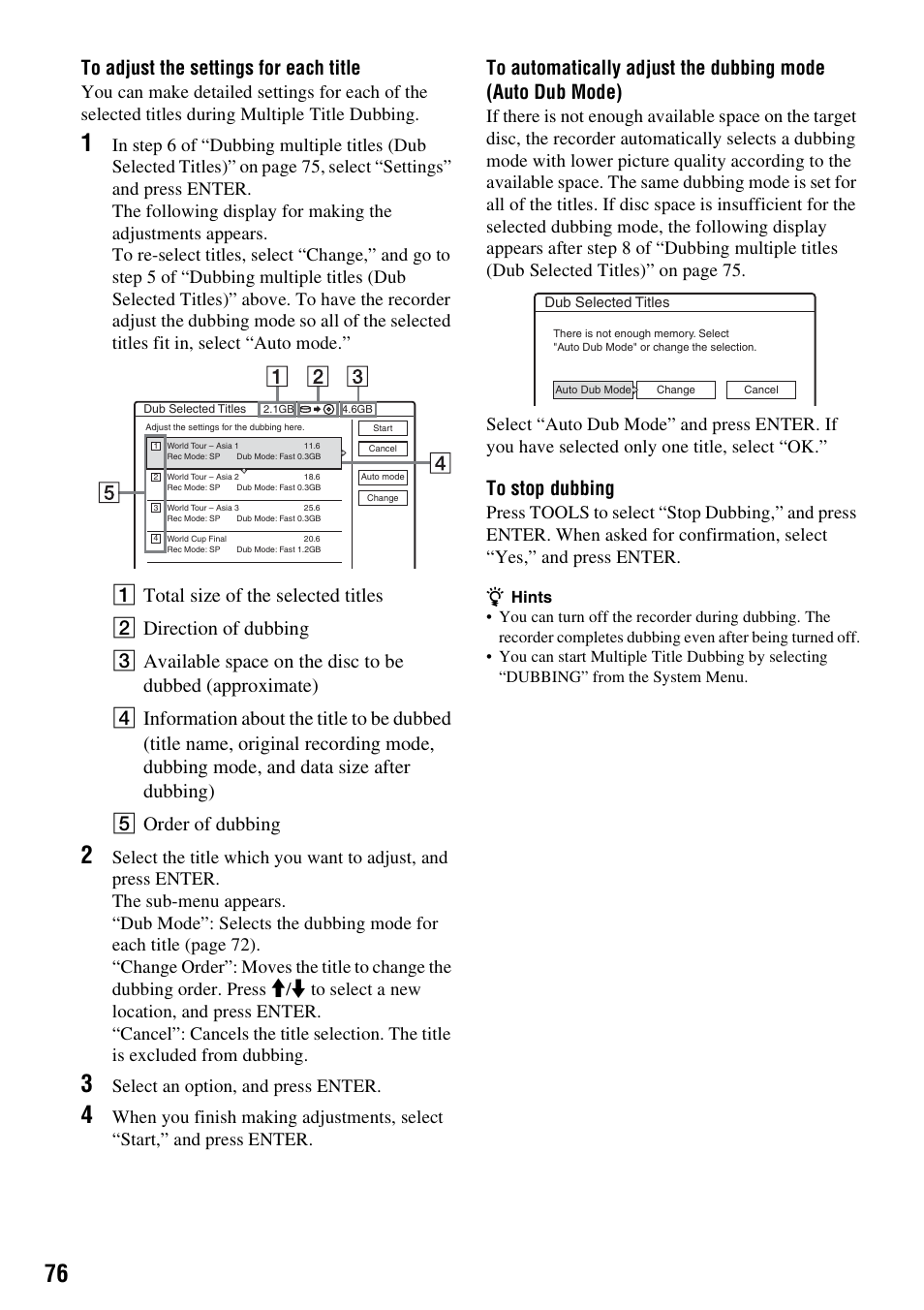 Ee “to adjust the settings for each title” be, Select an option, and press enter | Sony RDR-HX710/HX910 User Manual | Page 76 / 116