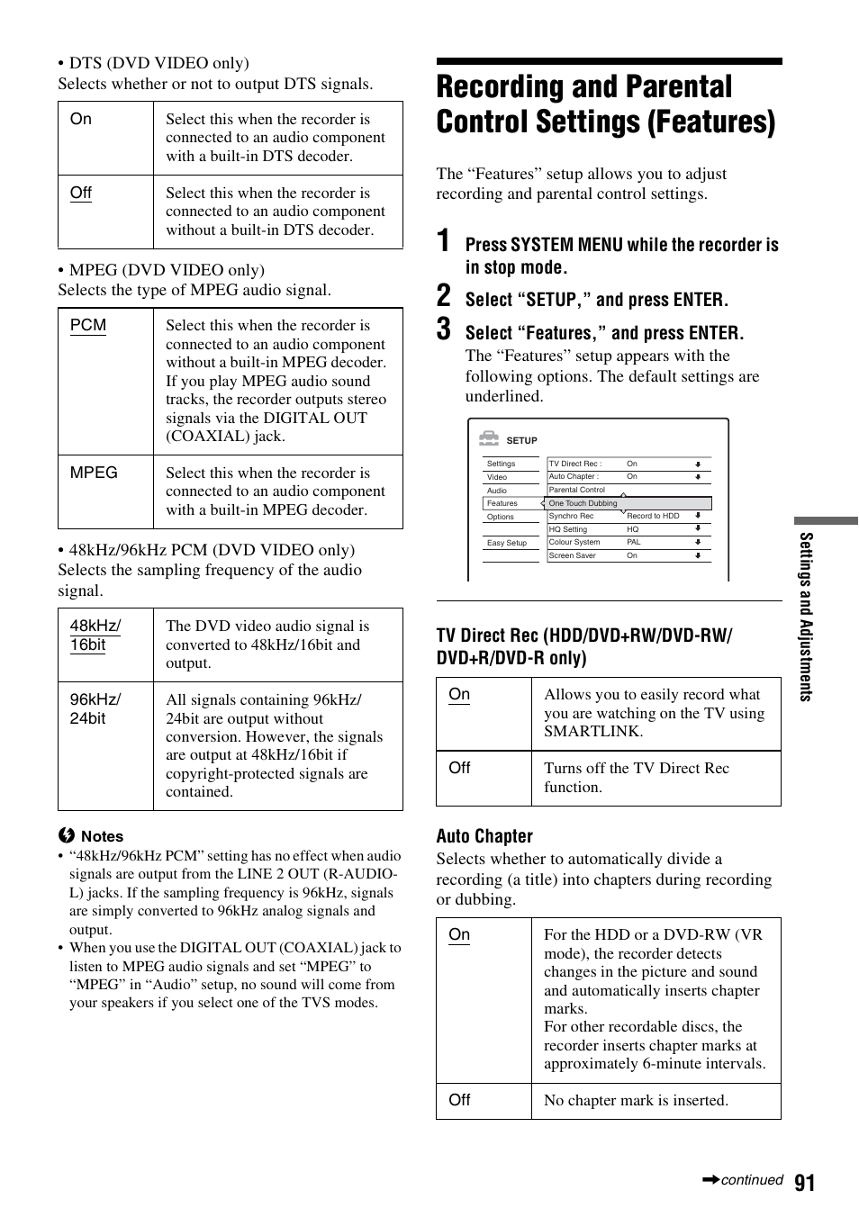Recording and parental control settings (features), Select “setup,” and press enter, Select “features,” and press enter | Sony RDR-HX710/HX910 User Manual | Page 91 / 116