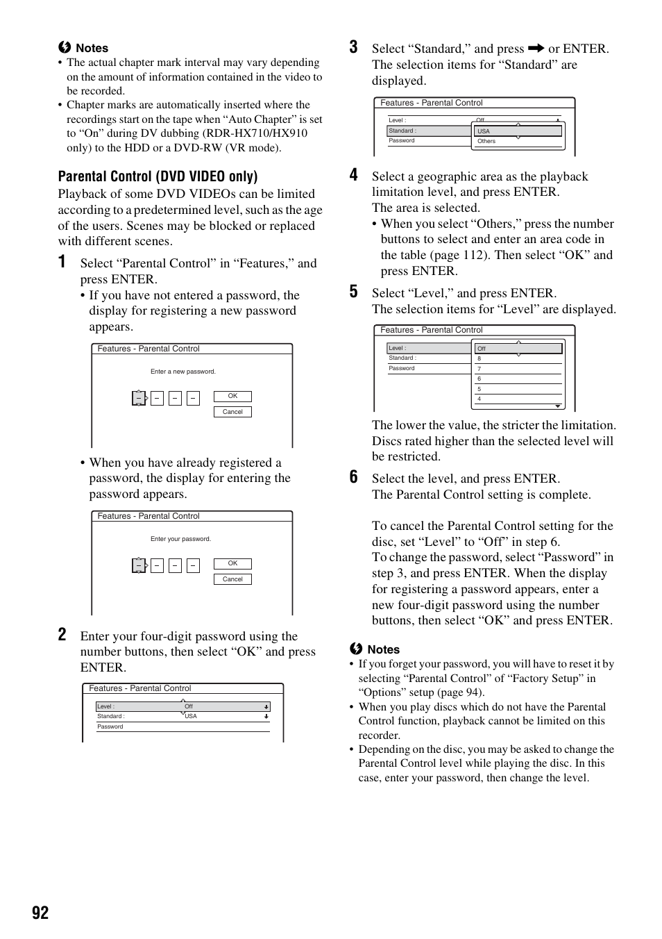 Parental control (dvd video only) | Sony RDR-HX710/HX910 User Manual | Page 92 / 116
