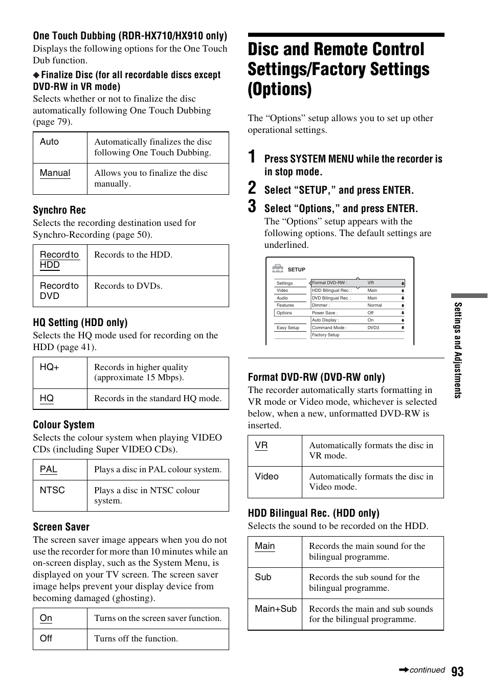 Synchro rec, Hq setting (hdd only), Colour system | Screen saver, Select “setup,” and press enter, Select “options,” and press enter, Format dvd-rw (dvd-rw only), Hdd bilingual rec. (hdd only) | Sony RDR-HX710/HX910 User Manual | Page 93 / 116