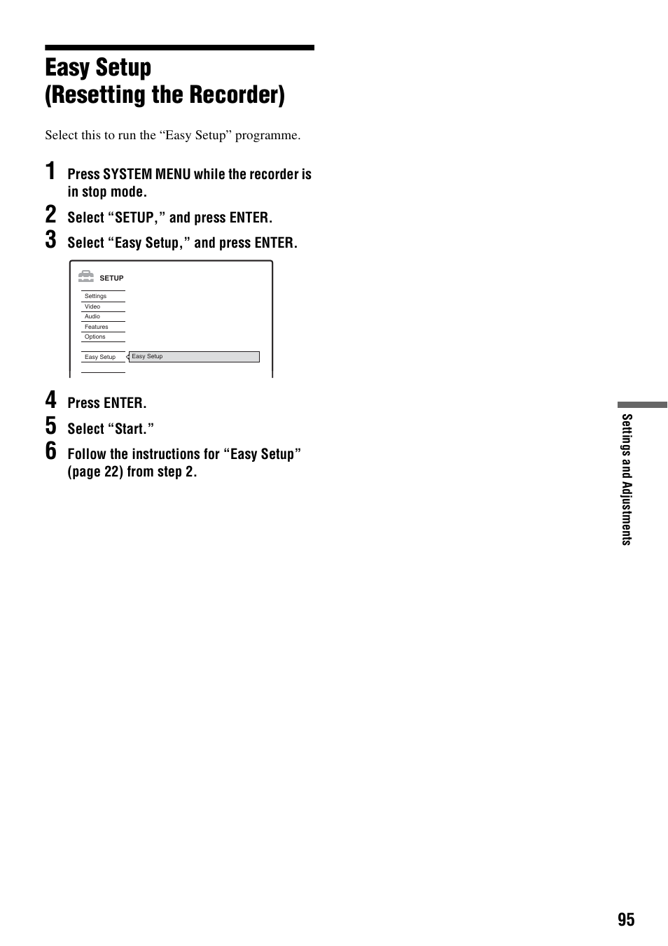 Easy setup (resetting the recorder) | Sony RDR-HX710/HX910 User Manual | Page 95 / 116