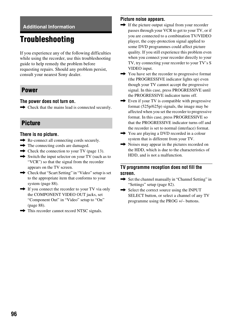 Additional information, Troubleshooting, Power picture | Sony RDR-HX710/HX910 User Manual | Page 96 / 116