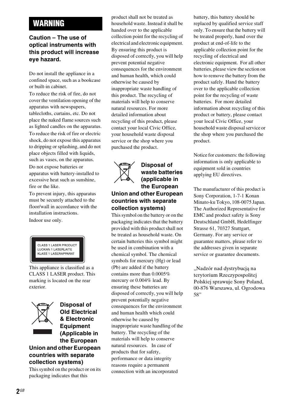 Warning | Sony DAV-TZ230 User Manual | Page 2 / 76