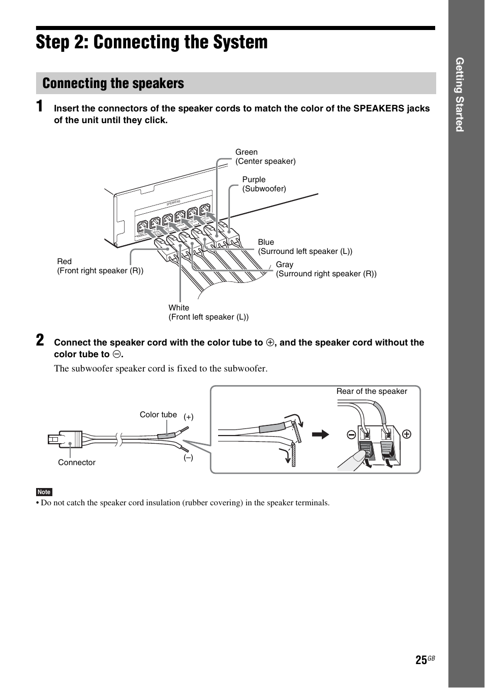 Step 2: connecting the system, Connecting the speakers, Ge tting star te d | Sony DAV-TZ230 User Manual | Page 25 / 76