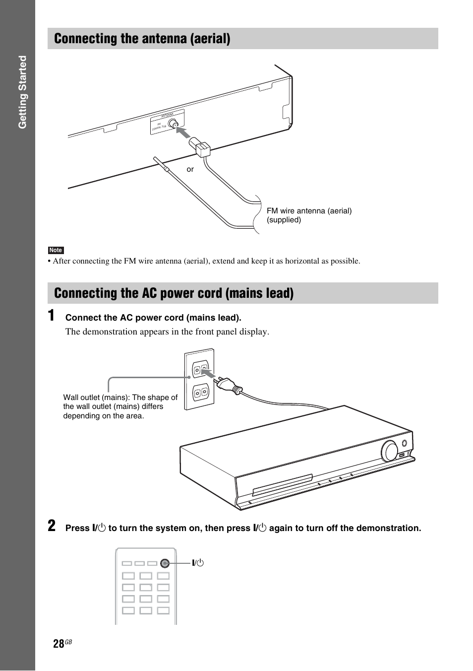 Connecting the antenna (aerial), Connecting the ac power cord (mains lead), Gettin g star ted | Sony DAV-TZ230 User Manual | Page 28 / 76