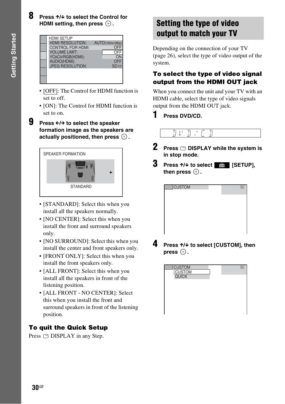 Setting the type of video output to match your tv | Sony DAV-TZ230 User Manual | Page 30 / 76