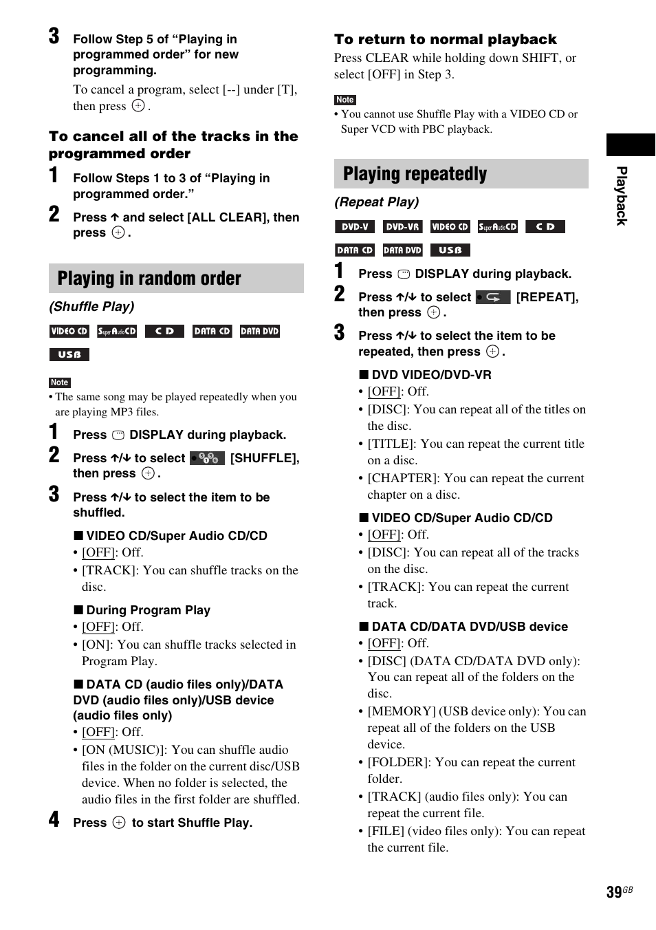 Playing in random order, Playing repeatedly | Sony DAV-TZ230 User Manual | Page 39 / 76