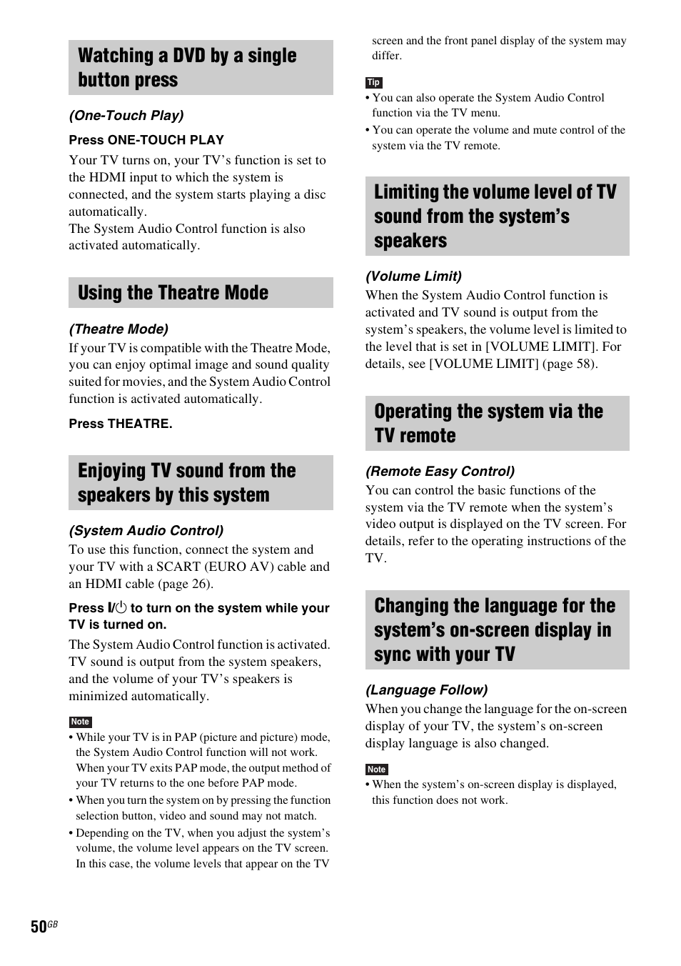 Watching a dvd by a single button press, Using the theatre mode, Enjoying tv sound from the speakers by this system | Operating the system via the tv remote | Sony DAV-TZ230 User Manual | Page 50 / 76