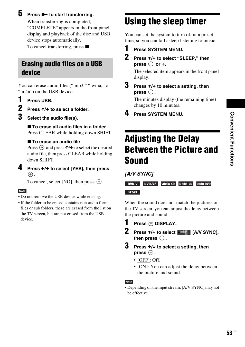 Erasing audio files on a usb device, Using the sleep timer, Adjusting the delay between the picture and sound | And sound | Sony DAV-TZ230 User Manual | Page 53 / 76