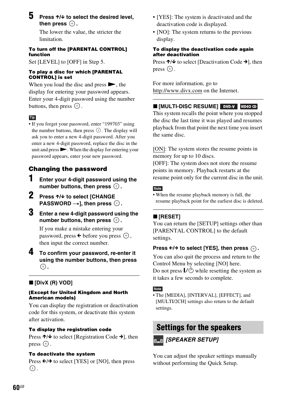 Settings for the speakers | Sony DAV-TZ230 User Manual | Page 60 / 76