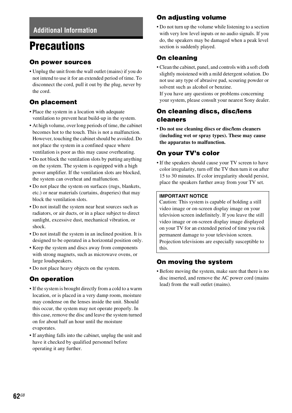 Additional information, Precautions | Sony DAV-TZ230 User Manual | Page 62 / 76