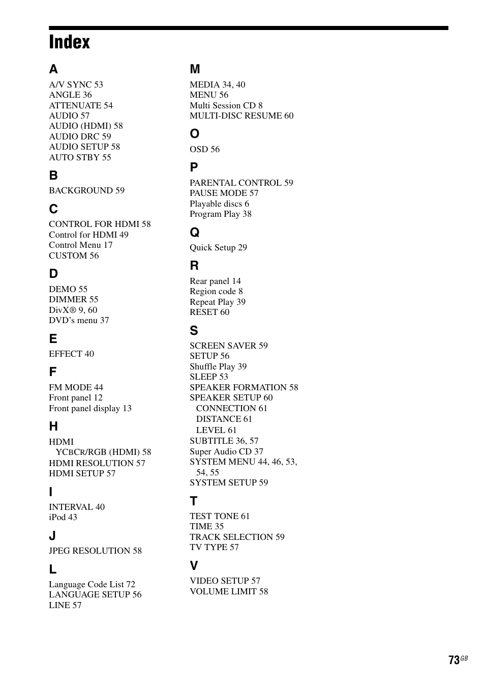 Index | Sony DAV-TZ230 User Manual | Page 73 / 76