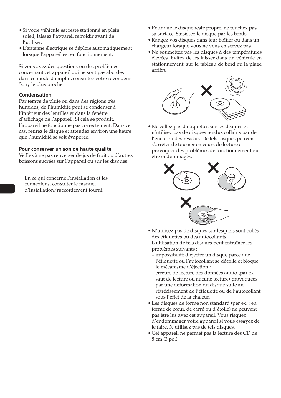 Precautions, Remarques sur les disques | Sony CDC-X104 User Manual | Page 16 / 44