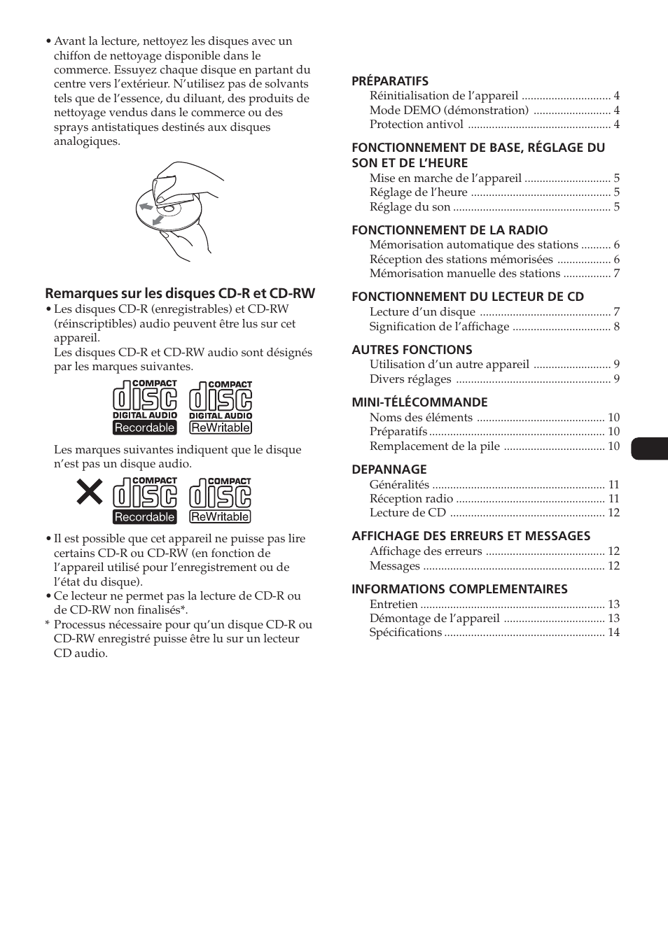 Table des matieres | Sony CDC-X104 User Manual | Page 17 / 44