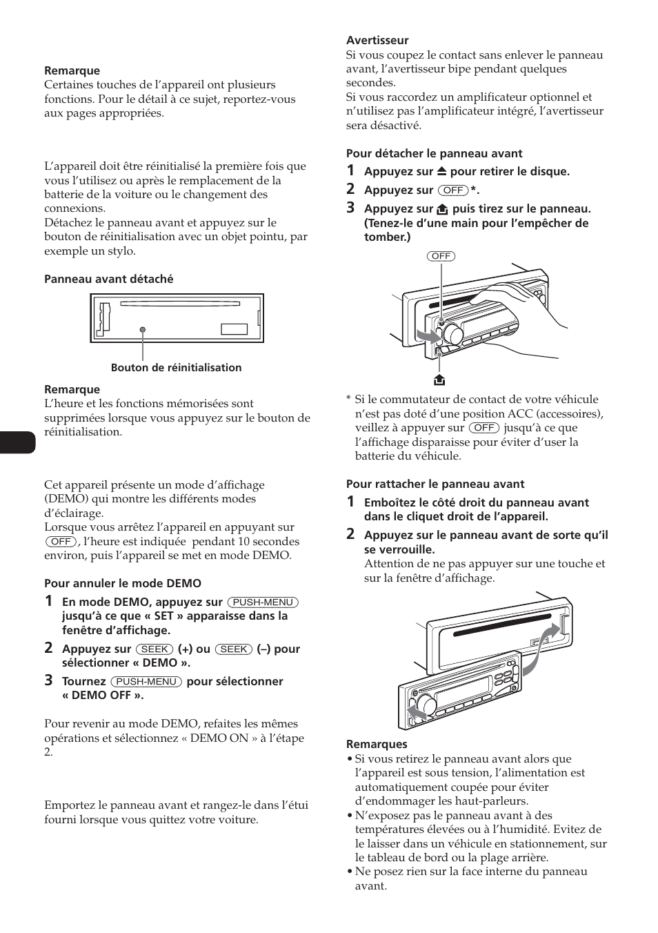 Préparatifs, Réinitialisation de l’appareil, Mode demo (démonstration) | Protection antivol | Sony CDC-X104 User Manual | Page 18 / 44