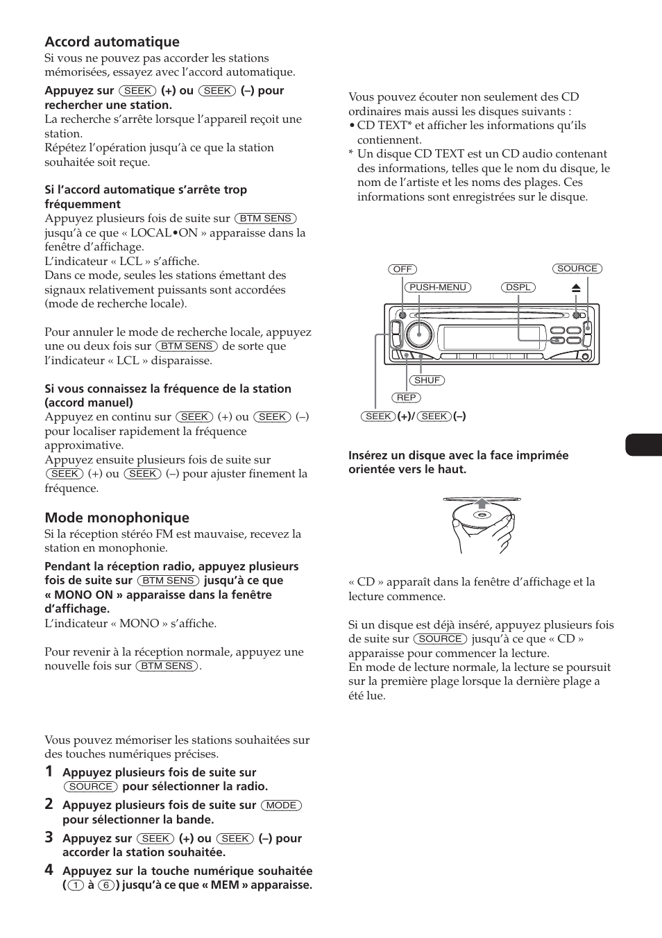 Mémorisation manuelle des stations, Fonctionnement du lecteur de cd, Lecture d’un disque | Sony CDC-X104 User Manual | Page 21 / 44