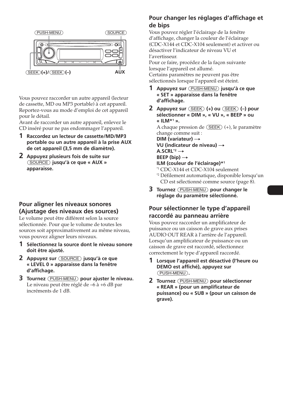 Autres fonctions, Utilisation d’un autre appareil, Divers réglages | Sony CDC-X104 User Manual | Page 23 / 44