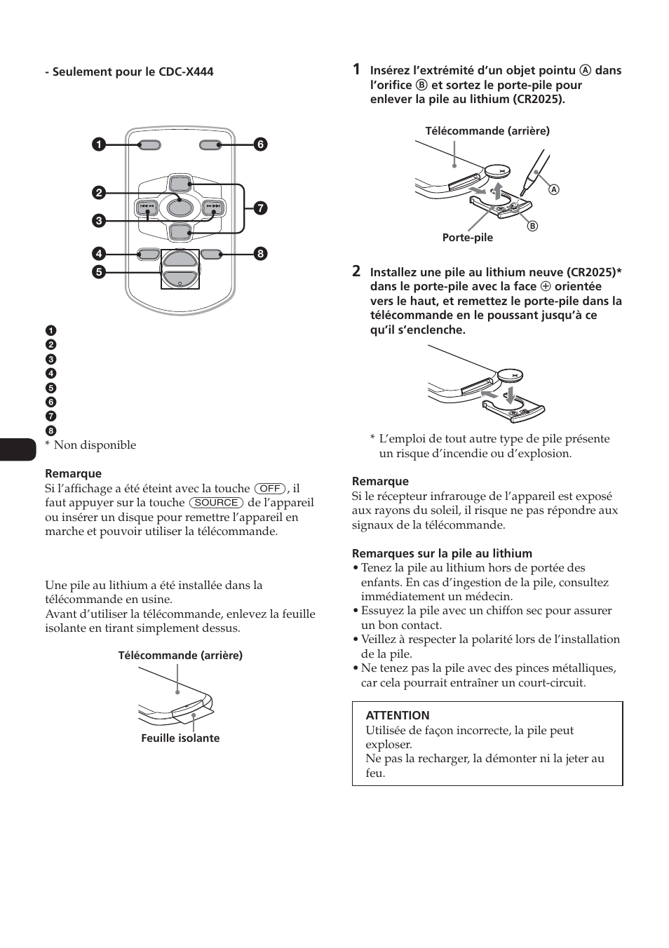 Mini-télécommande, Noms des éléments, Préparatifs | Remplacement de la pile | Sony CDC-X104 User Manual | Page 24 / 44