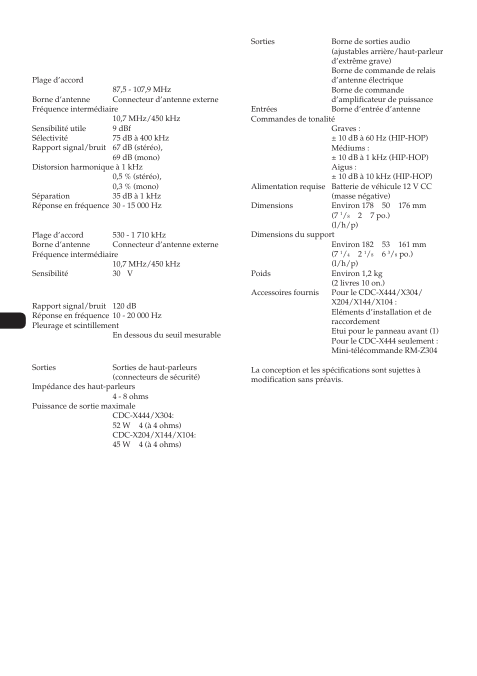 Spécifications, Radio, Lecteur cd | Amplificateur de puissance, Généralités | Sony CDC-X104 User Manual | Page 28 / 44