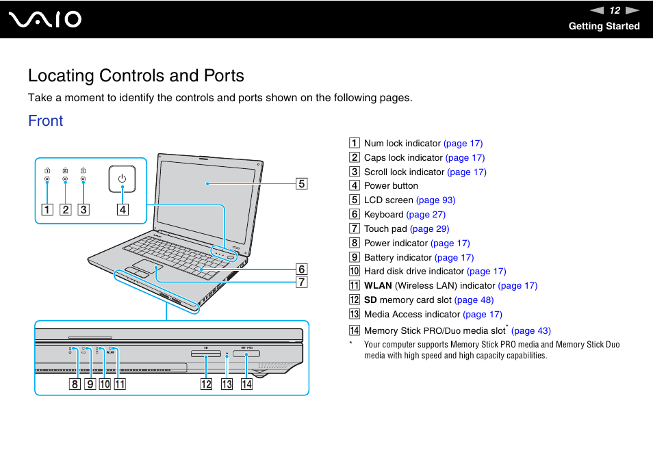 Locating controls and ports, Front | Sony VGN-N300 User Manual | Page 12 / 154