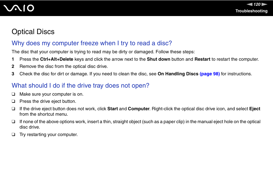 Optical discs, What should i do if the drive tray does not open | Sony VGN-N300 User Manual | Page 120 / 154