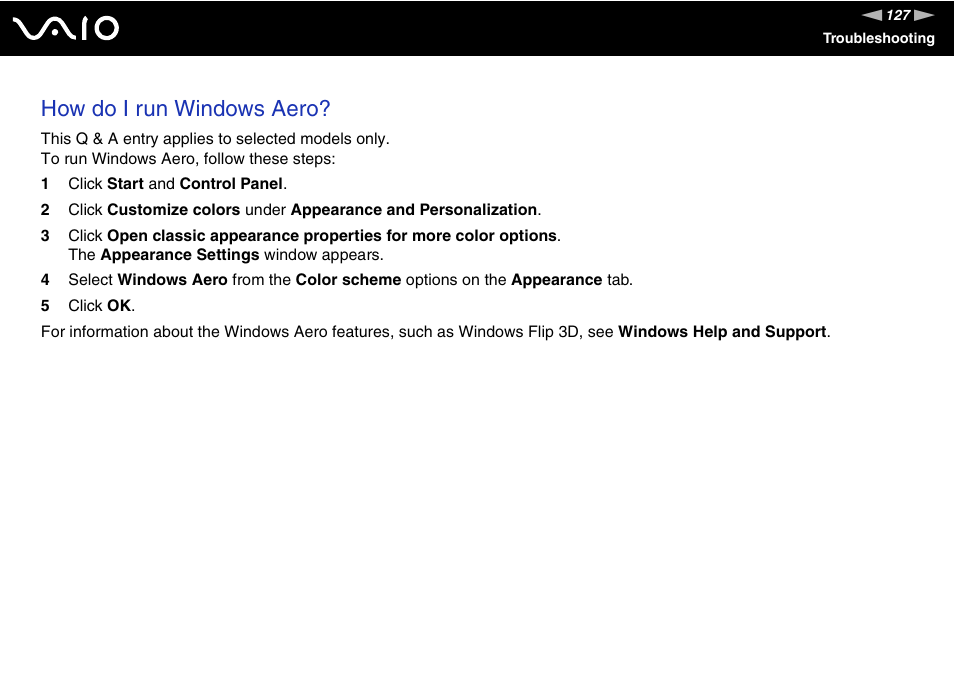 How do i run windows aero | Sony VGN-N300 User Manual | Page 127 / 154