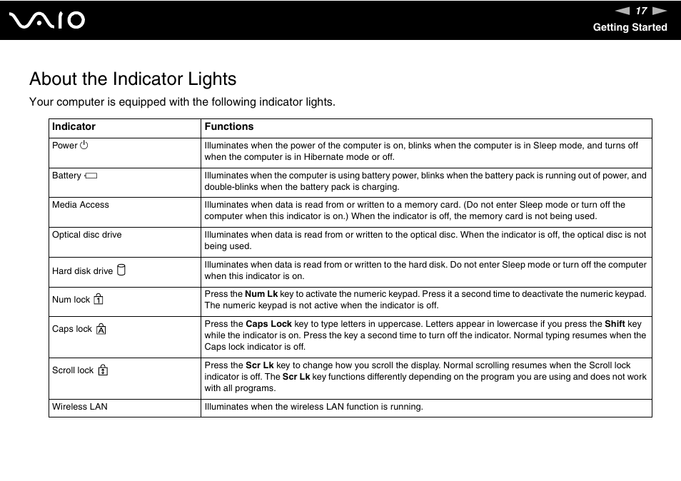 About the indicator lights | Sony VGN-N300 User Manual | Page 17 / 154