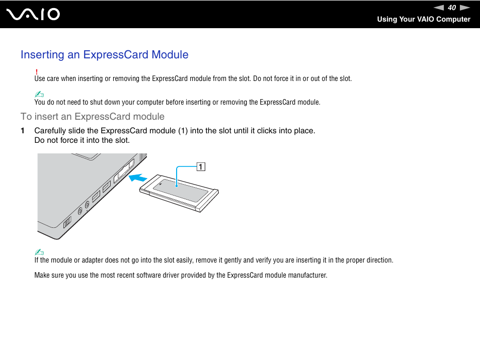 Inserting an expresscard module | Sony VGN-N300 User Manual | Page 40 / 154