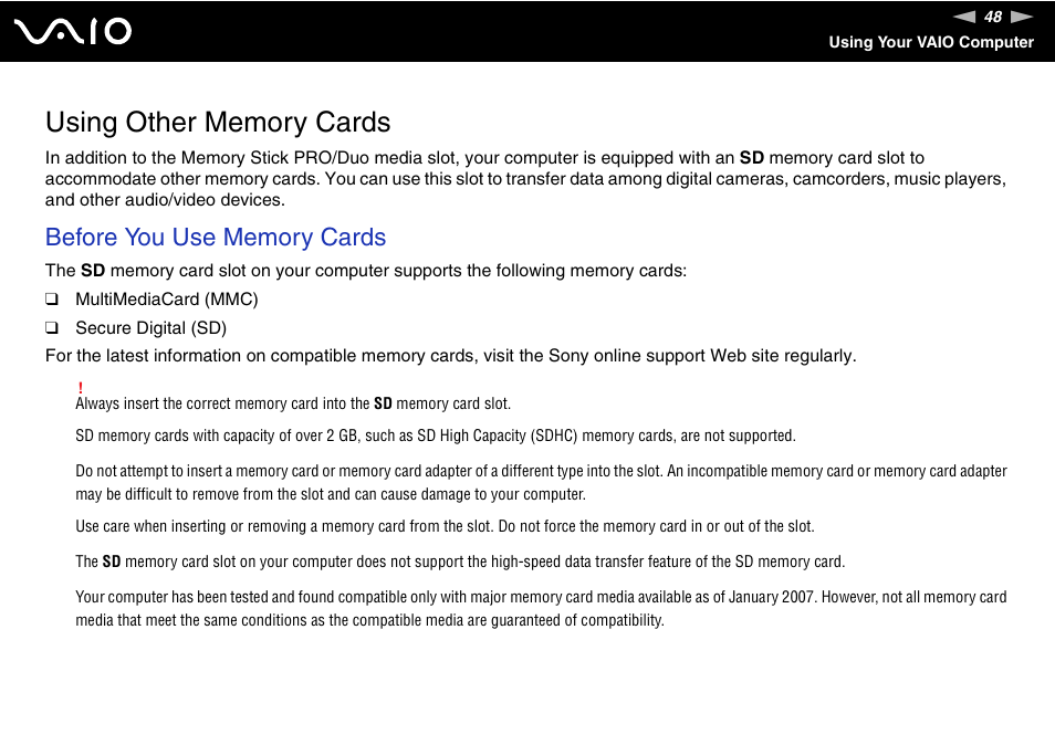 Using other memory cards | Sony VGN-N300 User Manual | Page 48 / 154