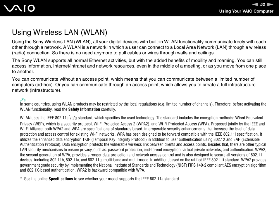 Using wireless lan (wlan) | Sony VGN-N300 User Manual | Page 52 / 154