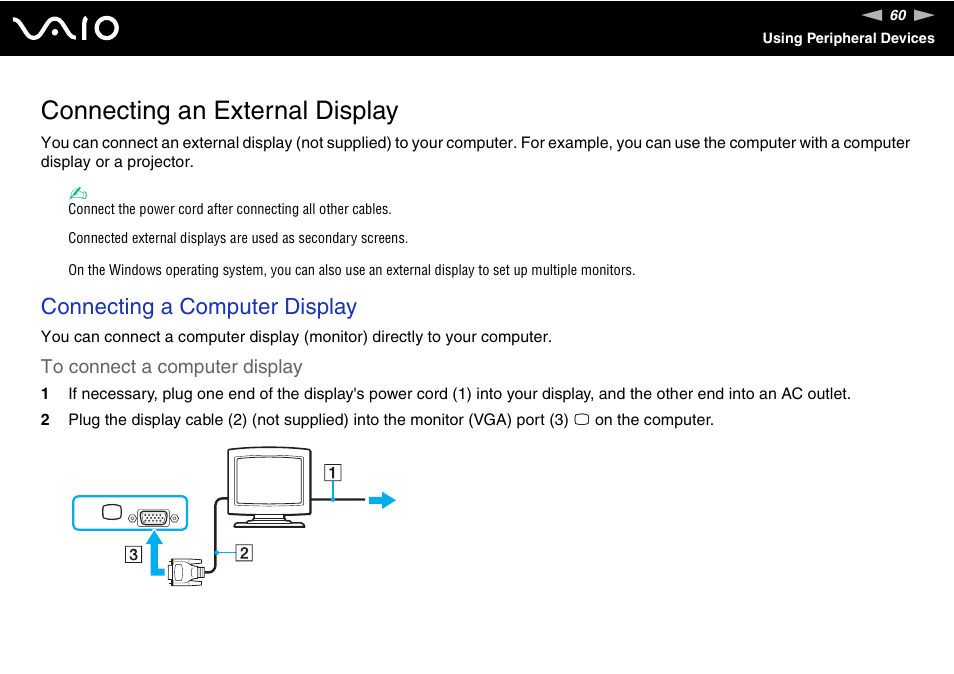 Connecting an external display, Connecting a computer display | Sony VGN-N300 User Manual | Page 60 / 154