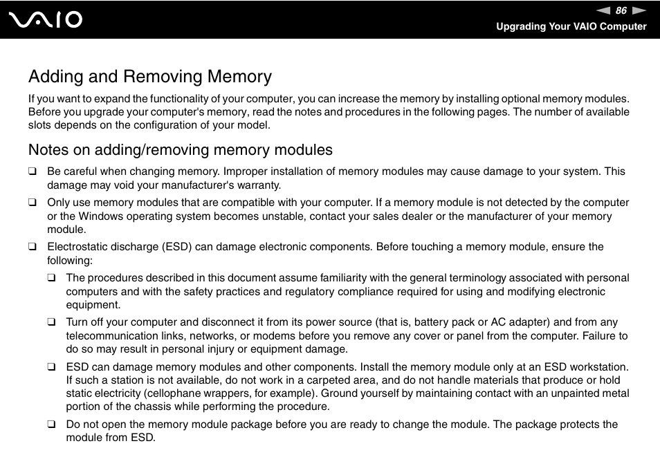 Adding and removing memory | Sony VGN-N300 User Manual | Page 86 / 154