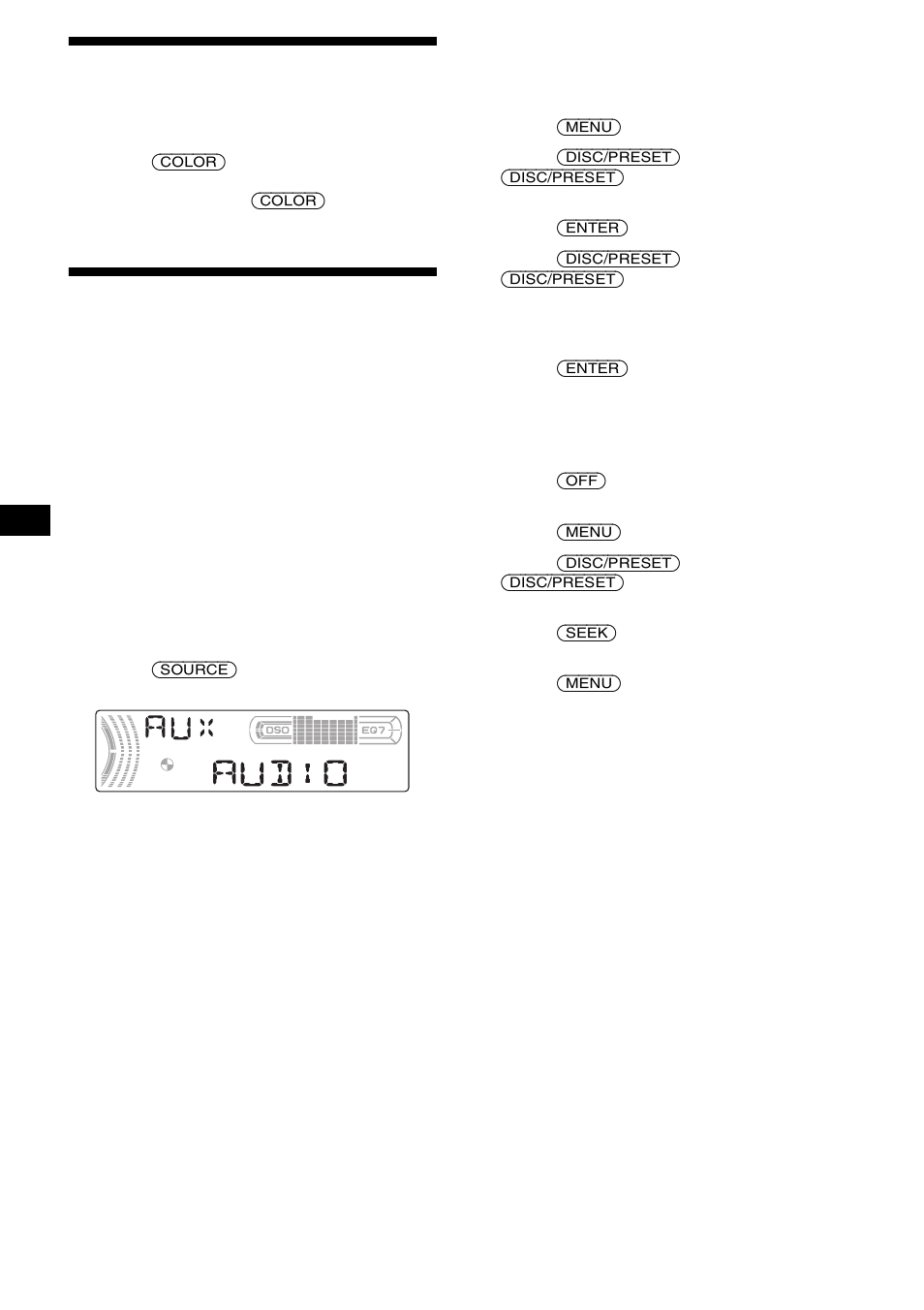 Changing the lcd color, Connecting auxiliary audio equipment, 24 changing the lcd color | Sony CDX-FW570 User Manual | Page 24 / 64