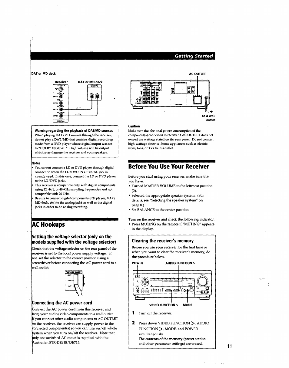 Ac hookups, Connecting the ac power cord, Before you use your receiver | Sony STR-DE915 User Manual | Page 11 / 40