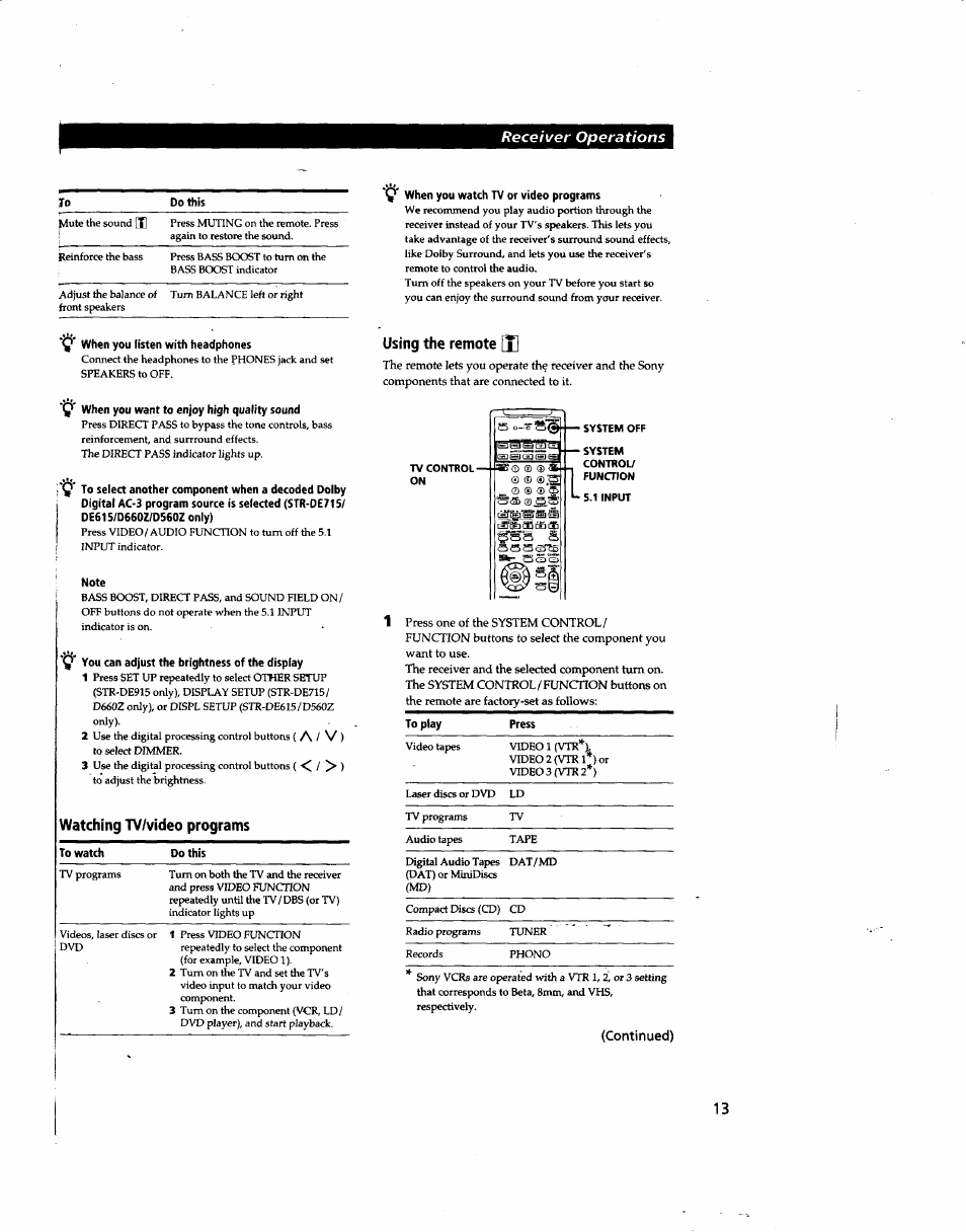 Watching tv/video programs, Using the remote [xl, Continued) | Sony STR-DE915 User Manual | Page 13 / 40